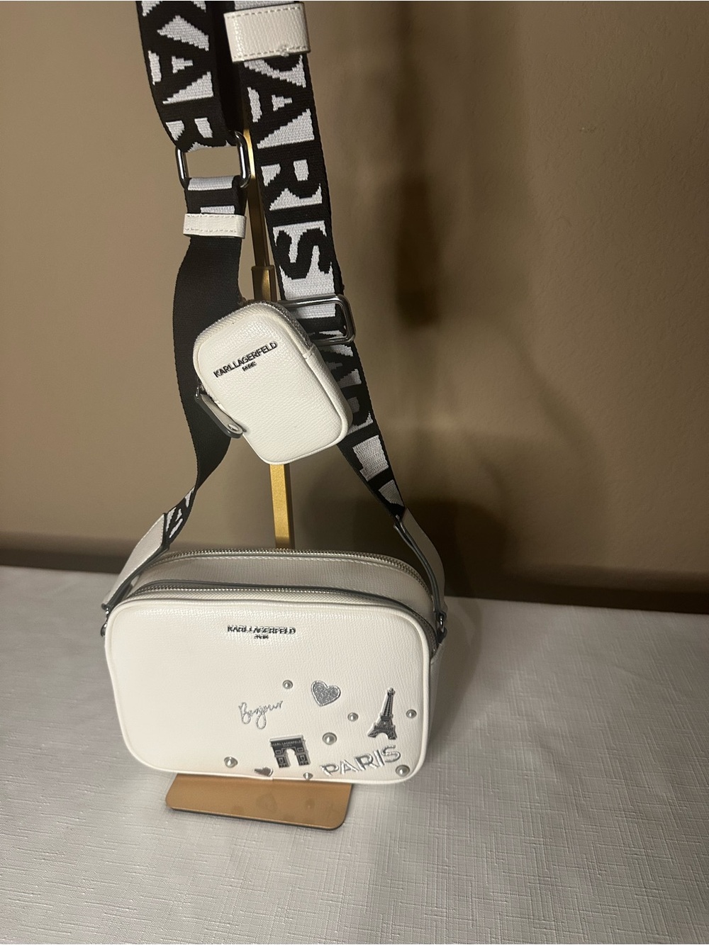 Karl Lagerfeld White Crossbody Camera Bag with Paris Motif Strap